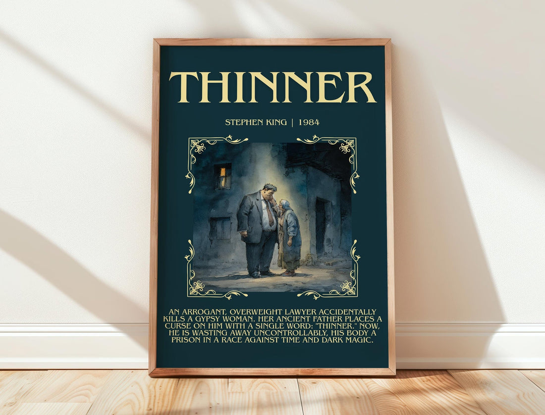 Thinner minimalist print in frame leaning in hallway – horror wall art (mockup)