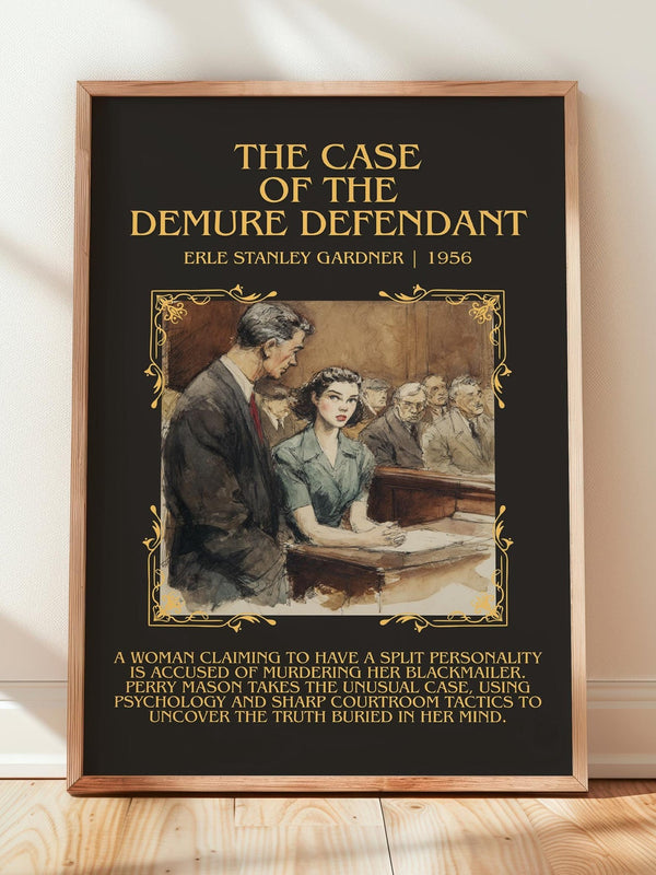 The Case of the Demure Defendant minimalist print in frame leaning in hallway – mystery wall art