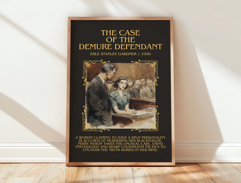 The Case of the Demure Defendant minimalist print in frame leaning in hallway – mystery wall art