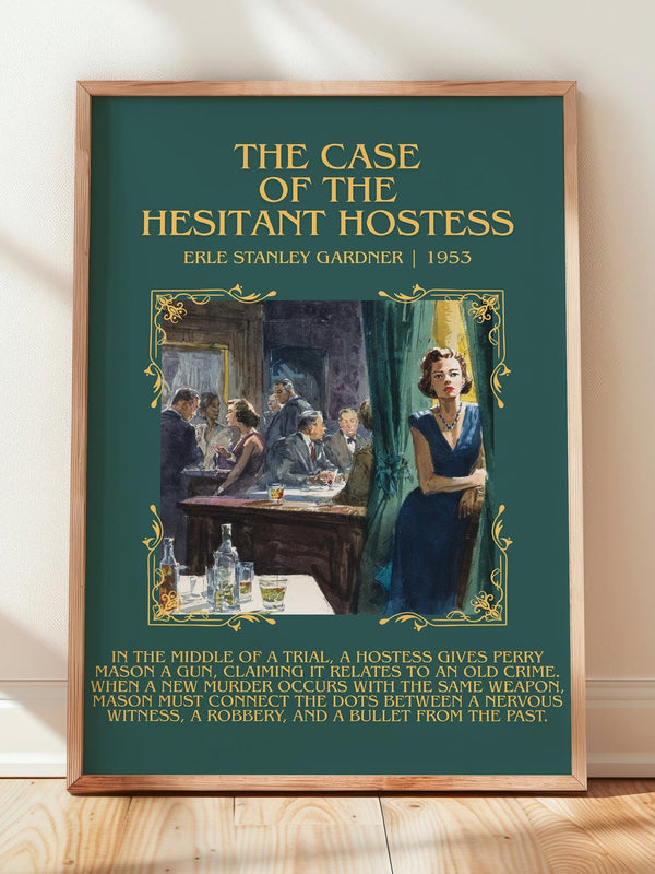 The Case of the Hesitant Hostess minimalist print in frame leaning in hallway – mystery wall art