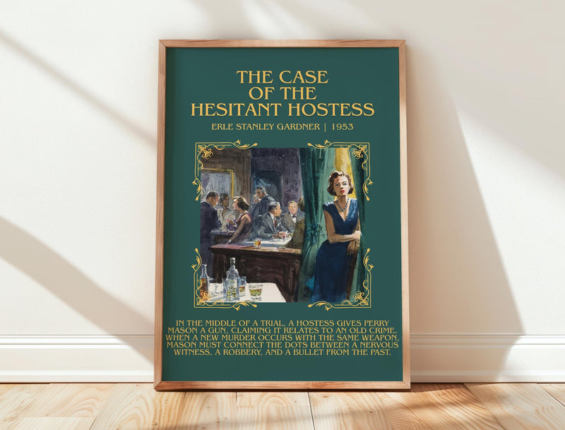The Case of the Hesitant Hostess minimalist print in frame leaning in hallway – mystery wall art