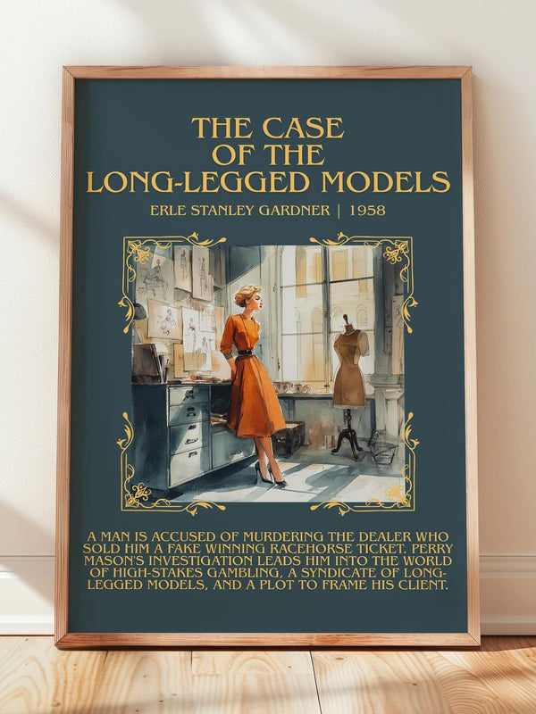 The Case of the Long-legged Models minimalist print in frame leaning in hallway – mystery wall art