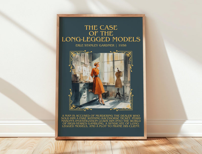 The Case of the Long-legged Models minimalist print in frame leaning in hallway – mystery wall art