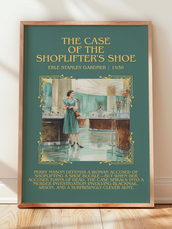 The Case of the Shoplifter's Shoe minimalist print in frame leaning in hallway – mystery wall art
