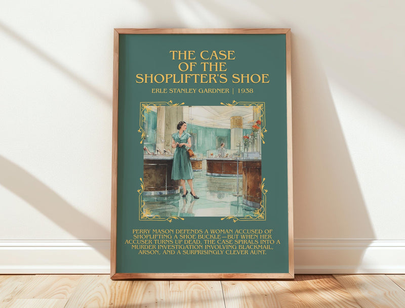 The Case of the Shoplifter's Shoe minimalist print in frame leaning in hallway – mystery wall art