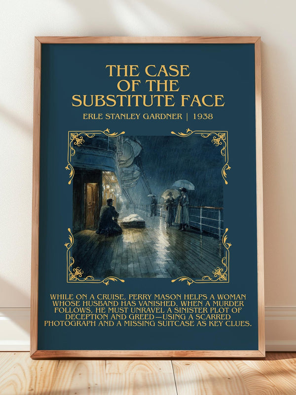 The Case of the Substitute Face minimalist print in frame leaning in hallway – mystery wall art