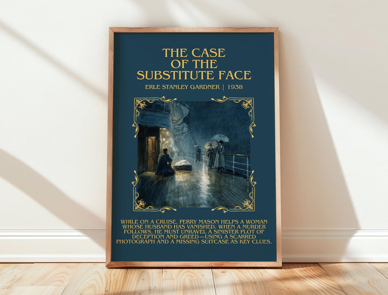 The Case of the Substitute Face minimalist print in frame leaning in hallway – mystery wall art