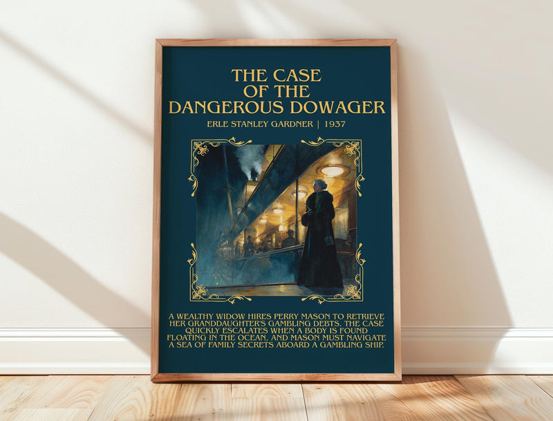 The Case Of The Dangerous Dowager minimalist print in frame leaning in hallway – mystery wall art