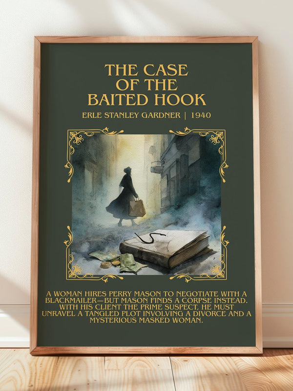 The Case of the Baited Hook minimalist print in frame leaning in hallway – mystery wall art