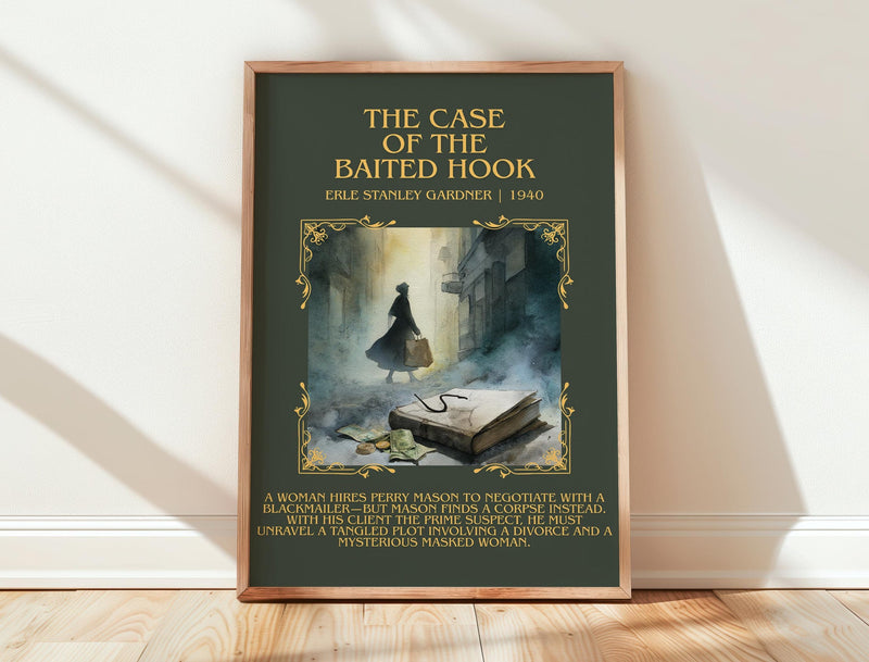 The Case of the Baited Hook minimalist print in frame leaning in hallway – mystery wall art