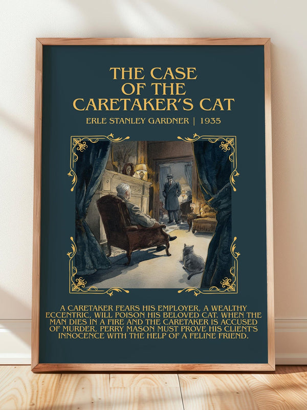 The Case of the Caretaker's Cat minimalist print in frame leaning in hallway – mystery wall art