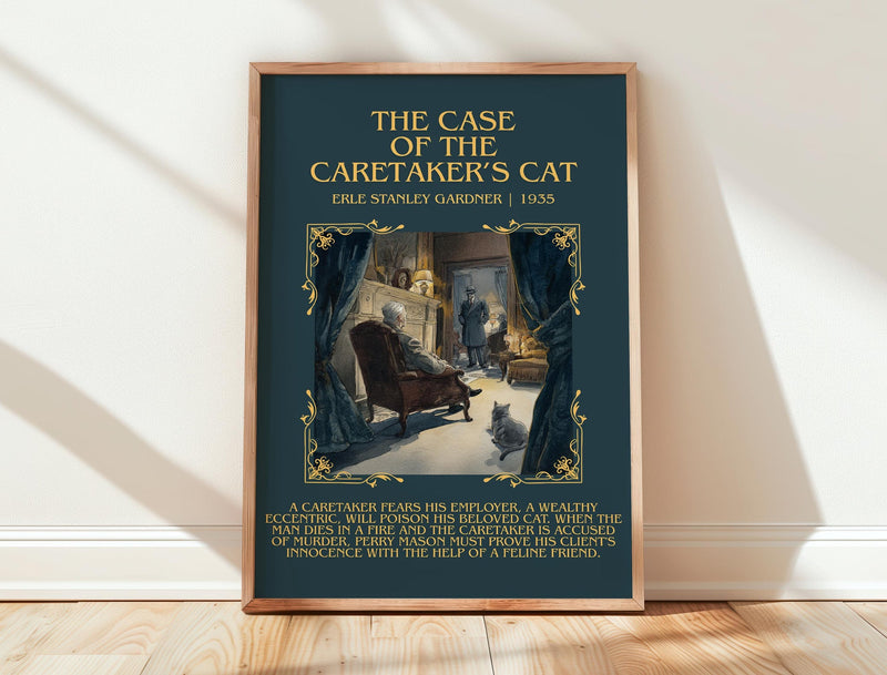 The Case of the Caretaker's Cat minimalist print in frame leaning in hallway – mystery wall art