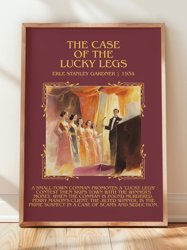 The Case of the Lucky Legs minimalist print in frame leaning in hallway – mystery wall art