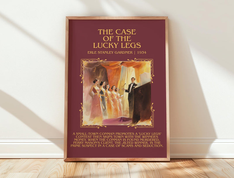 The Case of the Lucky Legs minimalist print in frame leaning in hallway – mystery wall art