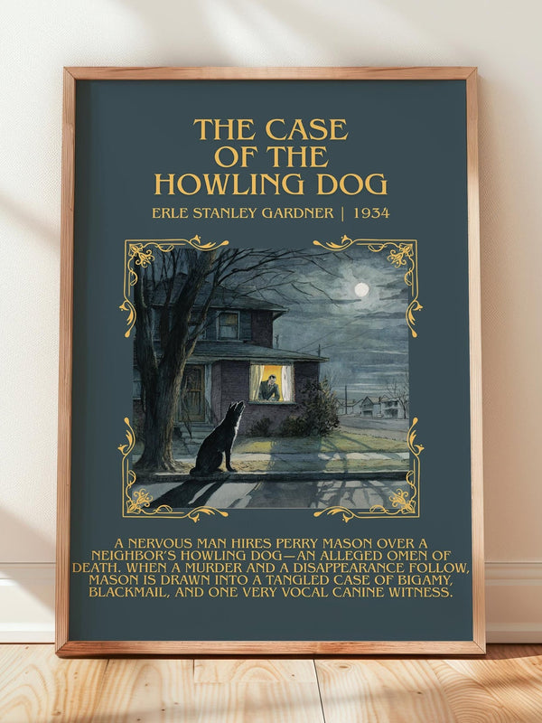 The Case of the Howling Dog minimalist print in frame leaning in hallway – mystery wall art