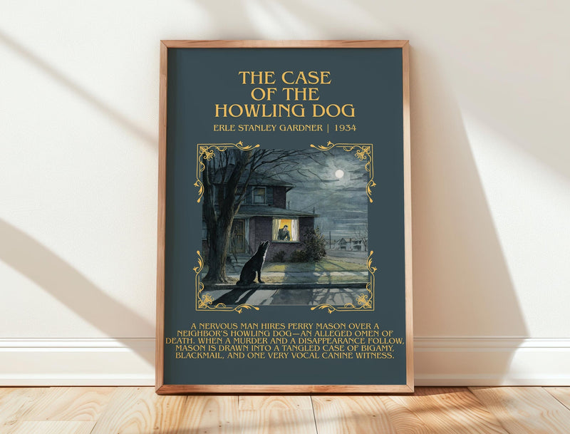 The Case of the Howling Dog minimalist print in frame leaning in hallway – mystery wall art