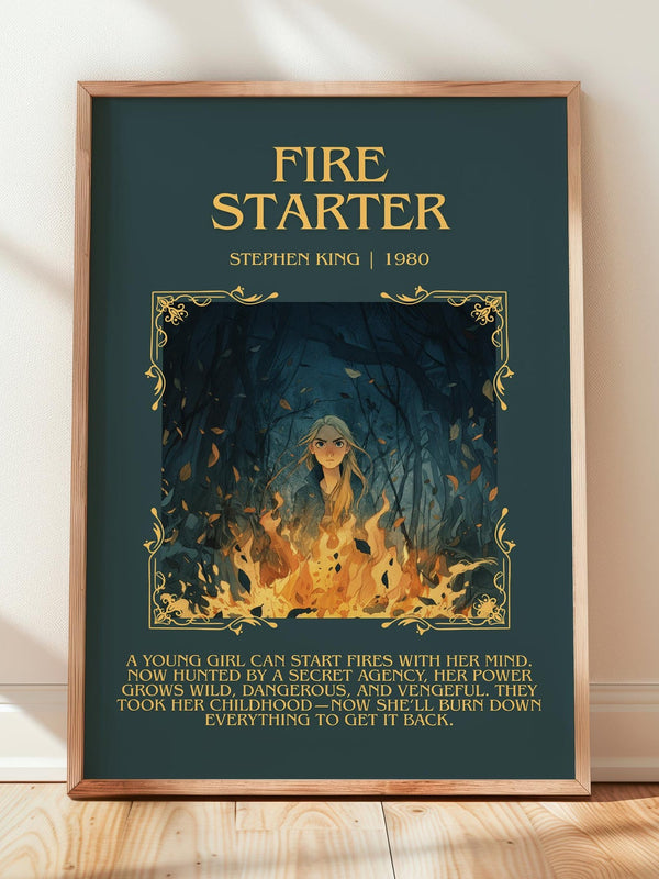 Firestarter minimalist print in frame leaning in hallway – horror wall art