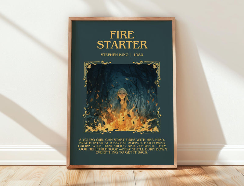 Firestarter minimalist print in frame leaning in hallway – horror wall art