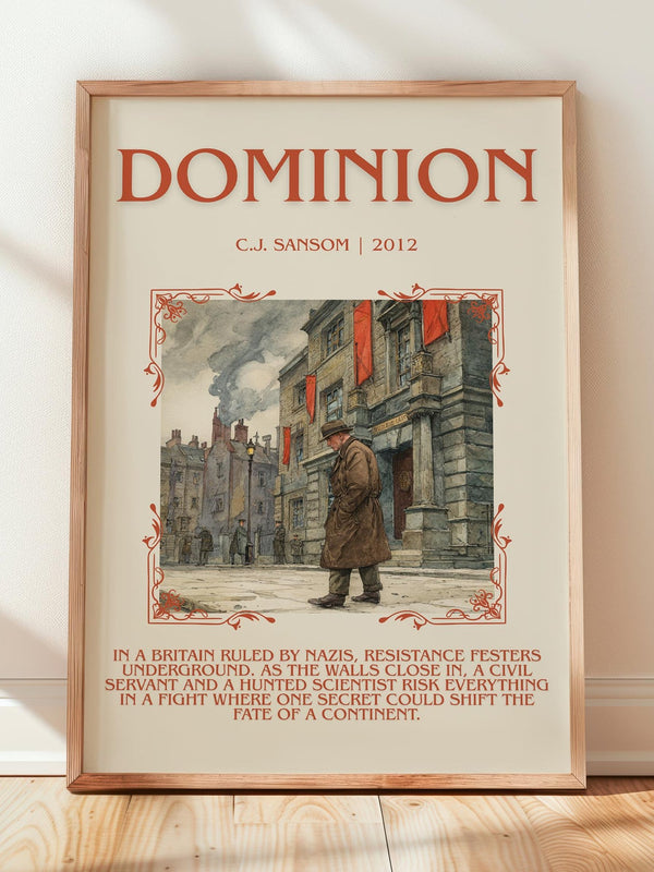 Dominion minimalist print in frame leaning in hallway – historical fiction wall art