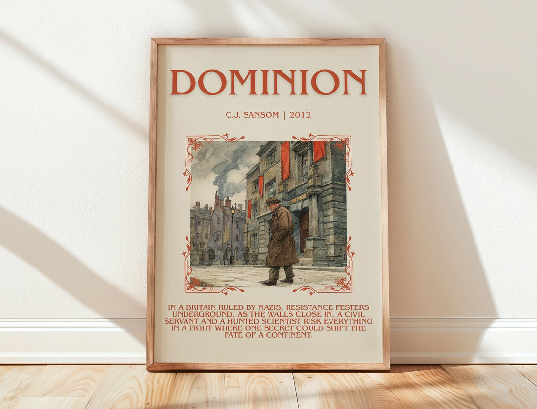 Dominion minimalist print in frame leaning in hallway – historical fiction wall art (mockup)