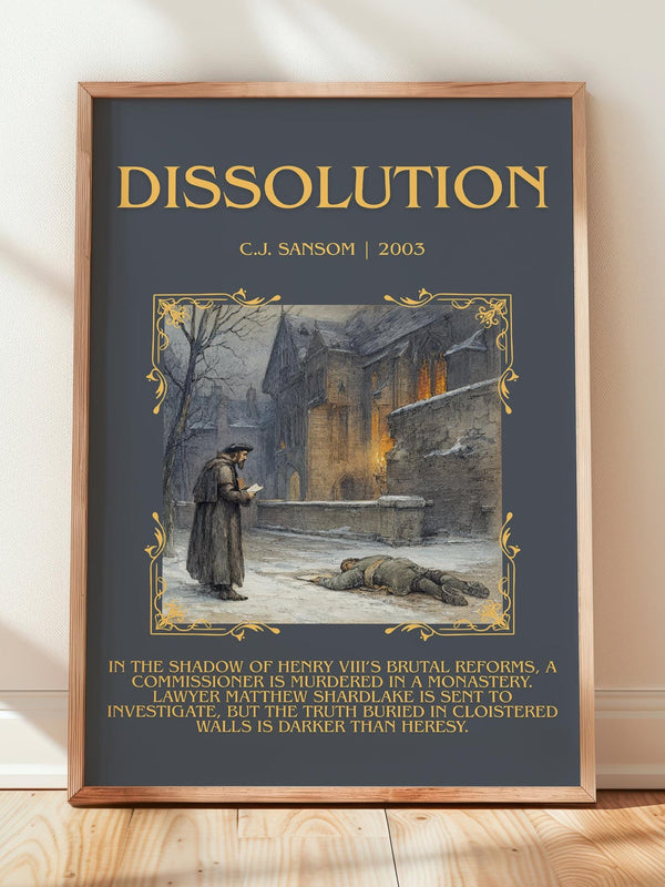 Dissolution minimalist print in frame leaning in hallway – historical fiction wall art
