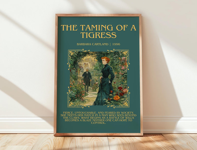 The Taming of a Tigress minimalist print in frame leaning in hallway – romance wall art