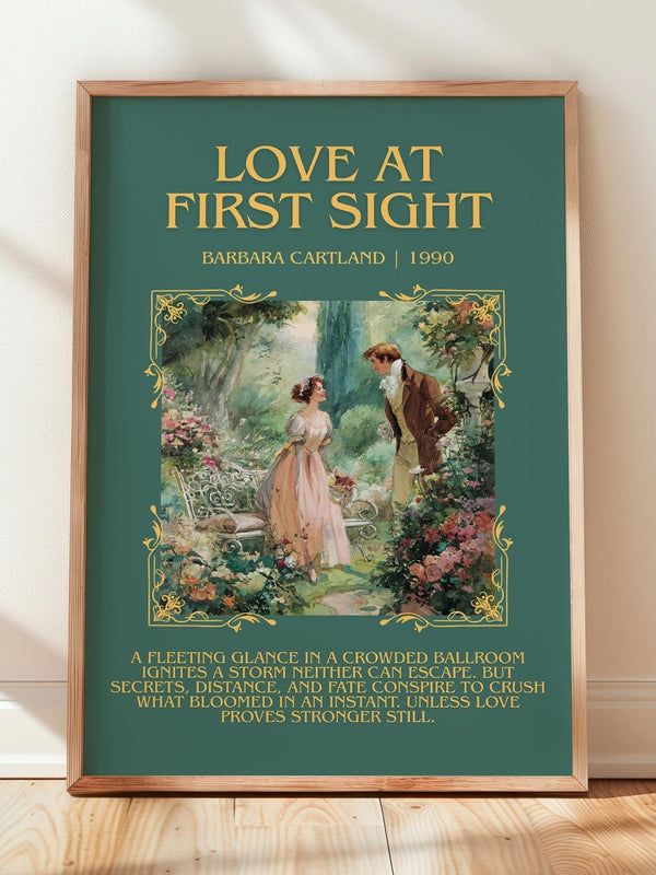 Love at First Sight minimalist print in frame leaning in hallway – romance wall art