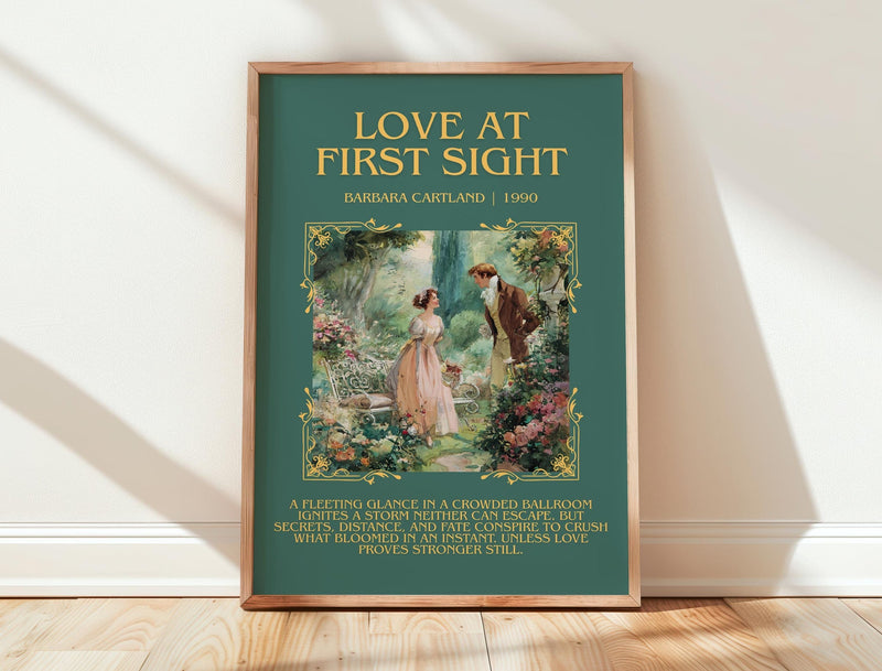 Love at First Sight minimalist print in frame leaning in hallway – romance wall art
