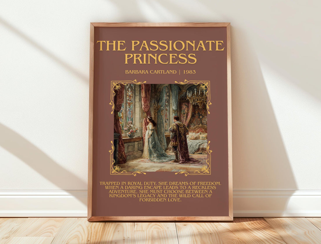 The Passionate Princess minimalist print in frame leaning in hallway – romance wall art (mockup)