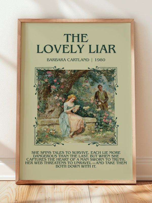 The Lovely Liar minimalist print in frame leaning in hallway – romance wall art