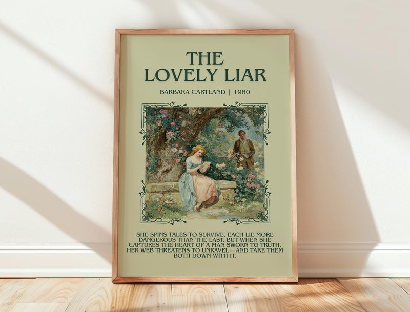 The Lovely Liar minimalist print in frame leaning in hallway – romance wall art