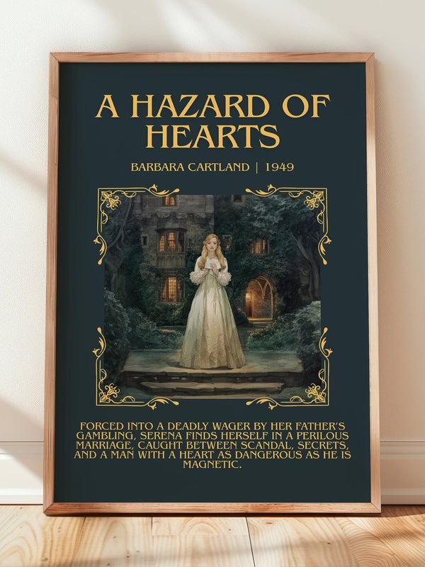 A Hazard of Hearts minimalist print in frame leaning in hallway – romance wall art