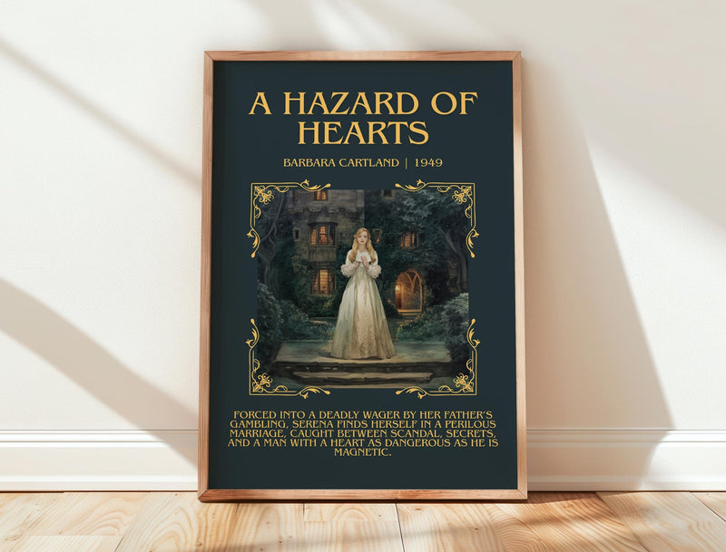 A Hazard of Hearts minimalist print in frame leaning in hallway – romance wall art