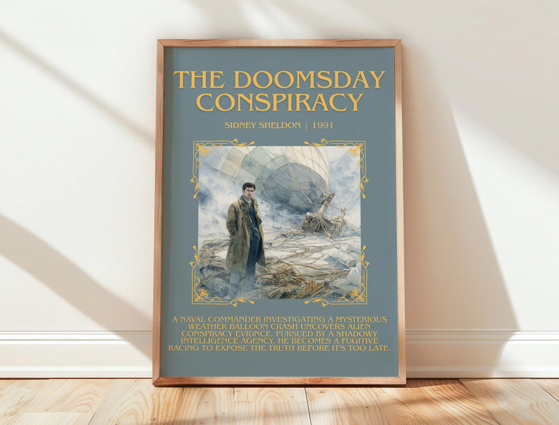 The Doomsday Conspiracy minimalist print in frame leaning in hallway – thriller wall art