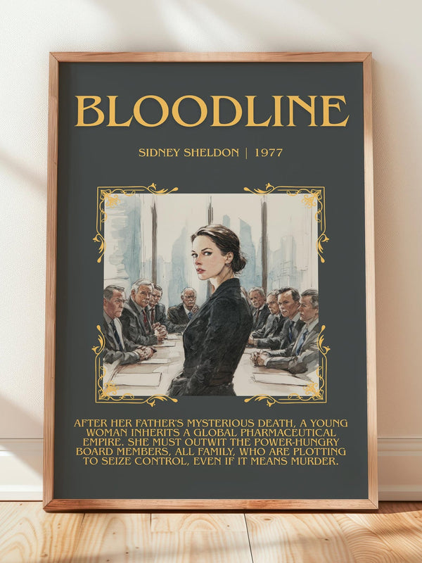 Bloodline minimalist print in frame leaning in hallway – thriller wall art