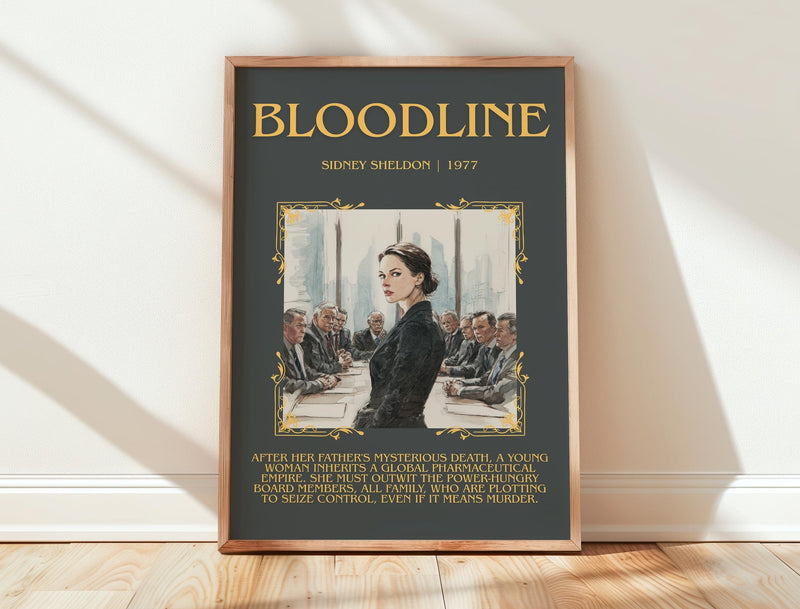Bloodline minimalist print in frame leaning in hallway – thriller wall art