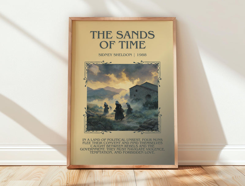 The Sands of Time minimalist print in frame leaning in hallway – thriller wall art