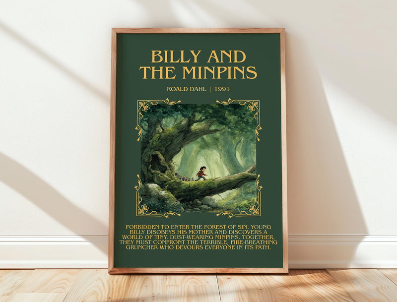 Billy and the Minpins minimalist print in frame leaning in hallway – childrens wall art
