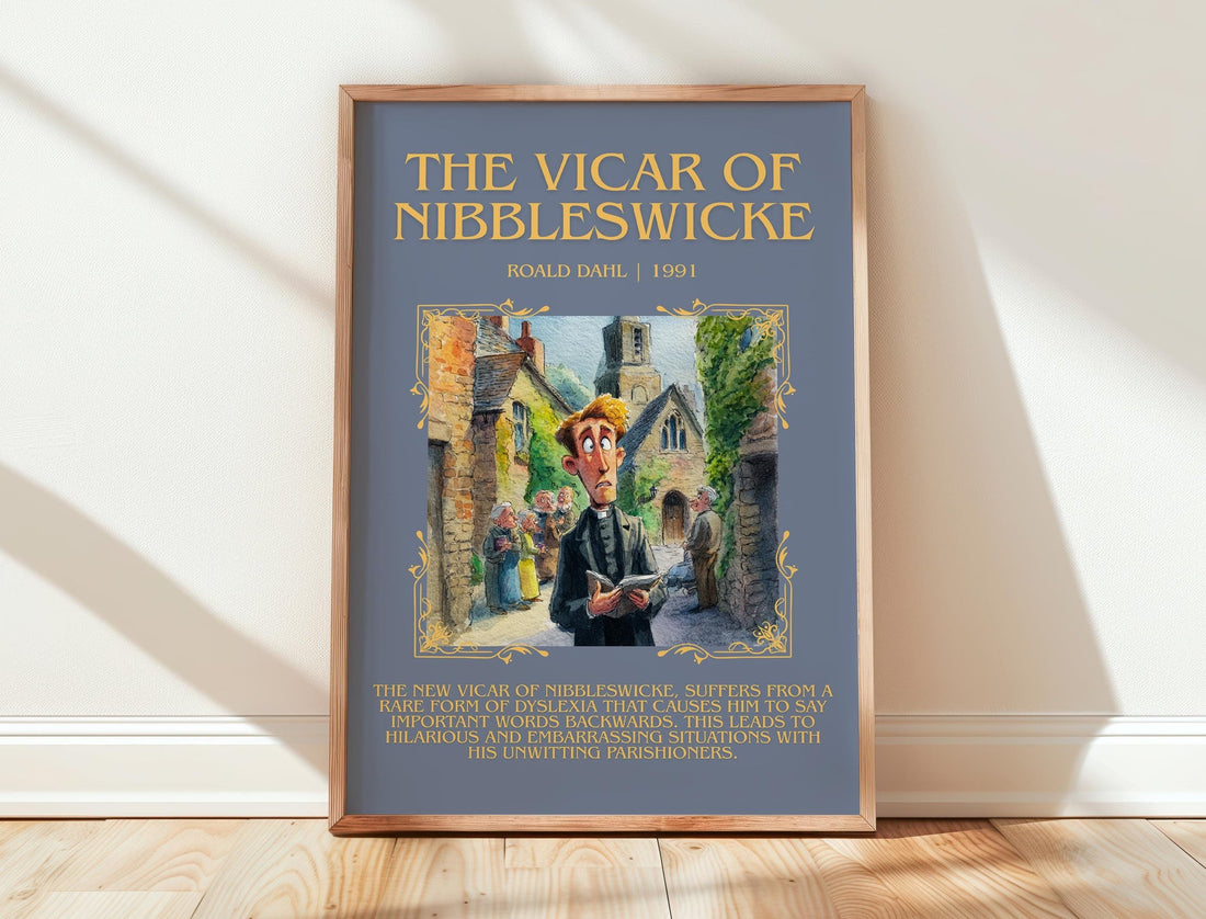 The Vicar of Nibbleswicke minimalist print in frame leaning in hallway – childrens wall art (mockup)