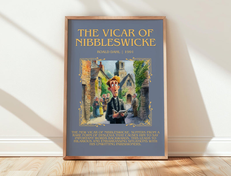 The Vicar of Nibbleswicke minimalist print in frame leaning in hallway – childrens wall art