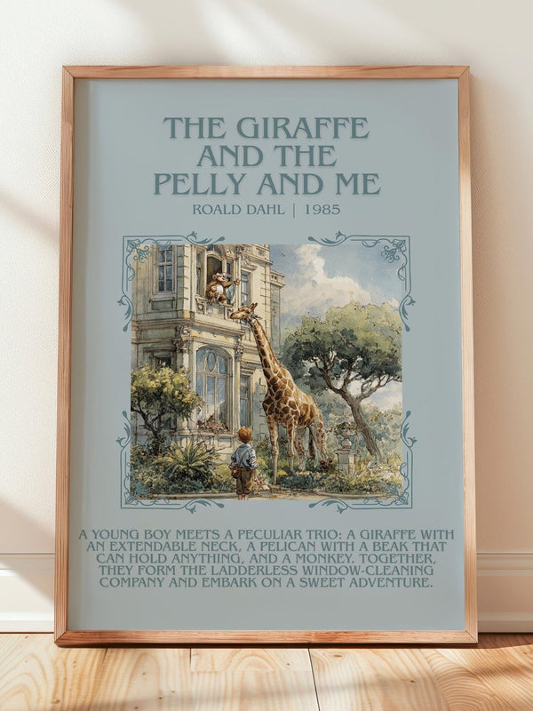 The Giraffe and the Pelly and Me minimalist print in frame leaning in hallway – childrens wall art