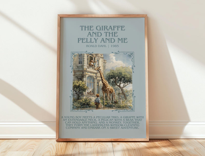 The Giraffe and the Pelly and Me minimalist print in frame leaning in hallway – childrens wall art