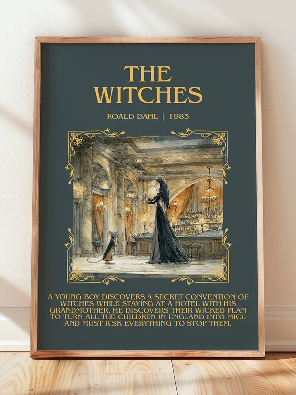 The Witches minimalist print in frame leaning in hallway – childrens wall art
