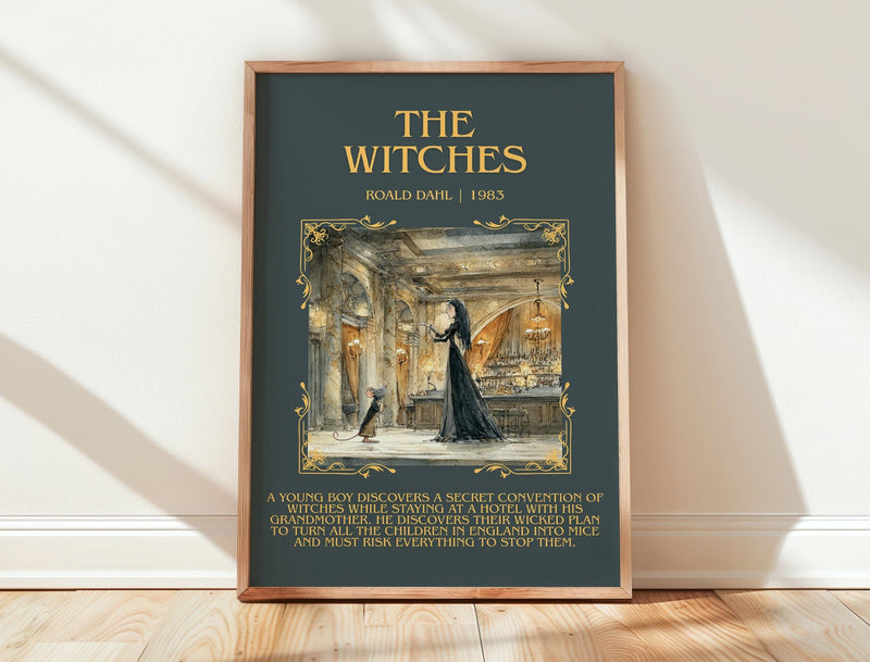 The Witches minimalist print in frame leaning in hallway – childrens wall art