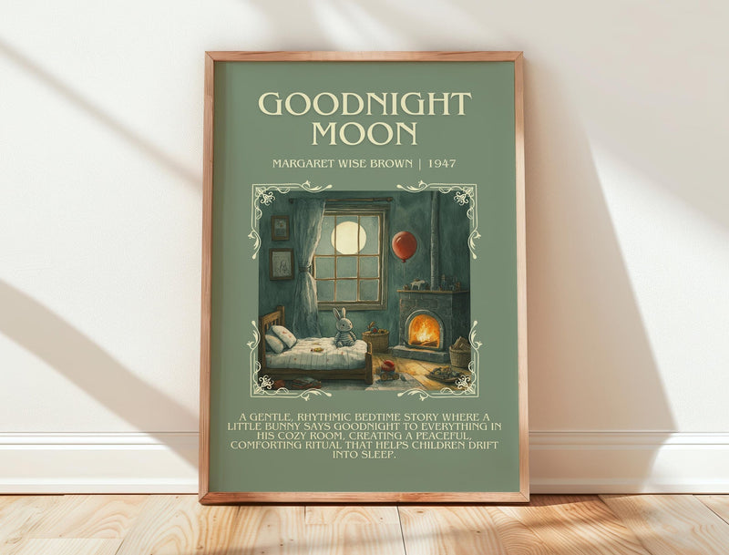 Good Night Moon minimalist print in frame leaning in hallway – childrens wall art