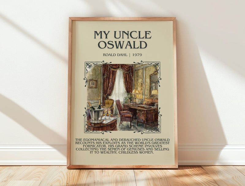 My Uncle Oswald minimalist print in frame leaning in hallway – satire wall art