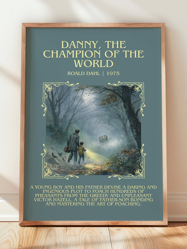 Danny, The Champion Of The World minimalist print in frame leaning in hallway – childrens wall art