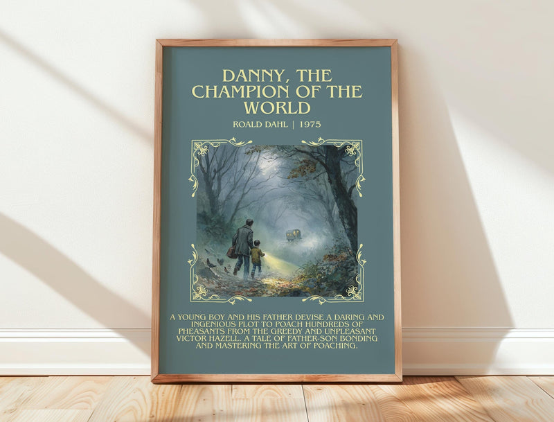 Danny, The Champion Of The World minimalist print in frame leaning in hallway – childrens wall art