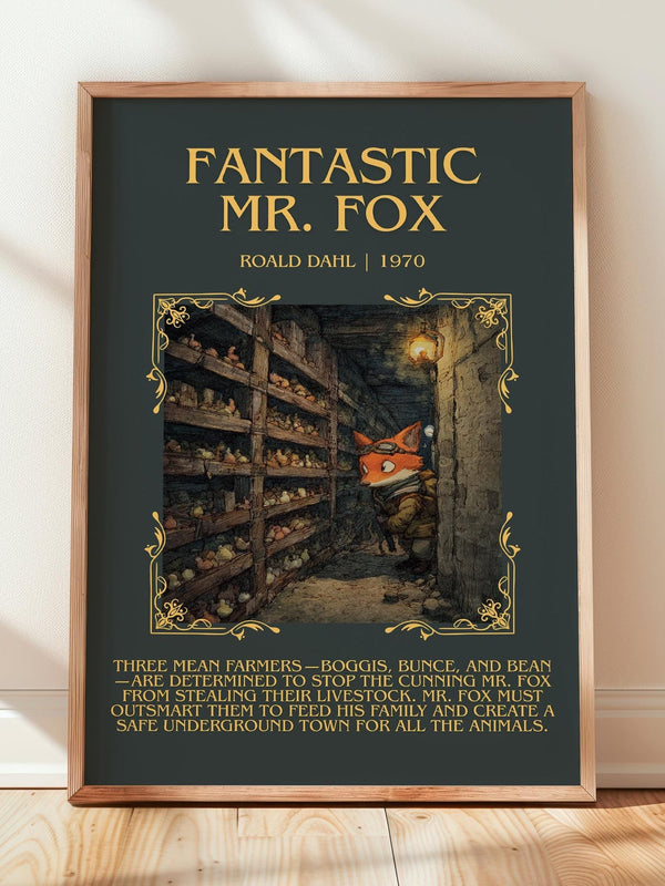 Fantastic Mr. Fox minimalist print in frame leaning in hallway – childrens wall art