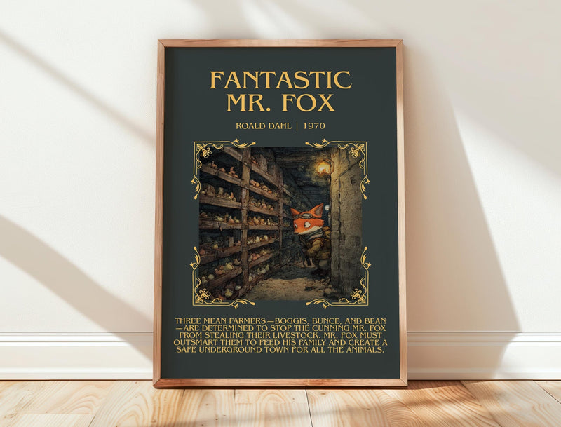 Fantastic Mr. Fox minimalist print in frame leaning in hallway – childrens wall art